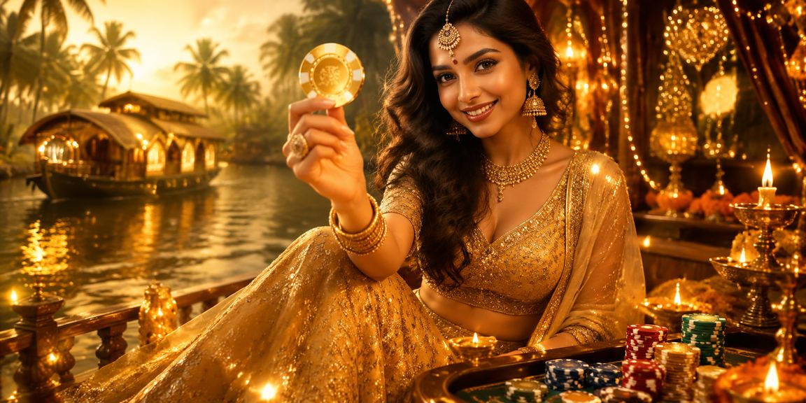 4girl casino app interface showcase with traditional Kerala backwaters background
